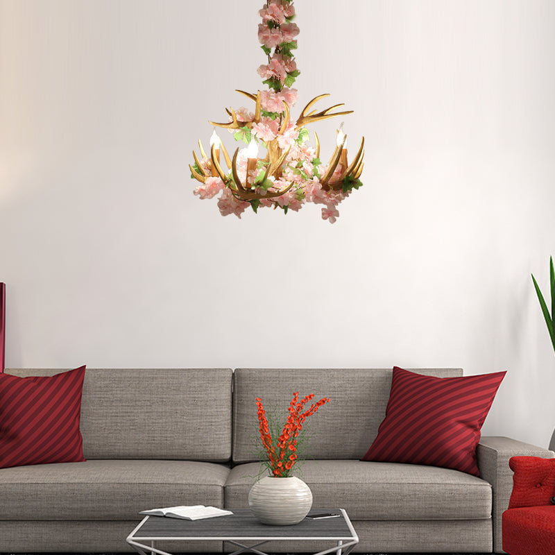 Candle Living Room Hanging Lamp Rustic Resin 4/6/12 Bulbs Pink/Green Chandelier Pendant Light 4 Pink Clearhalo 'Ceiling Lights' 'Chandeliers' Lighting' options 234183_7c9bc376-3561-4c92-a52a-dcd0a18f10cf