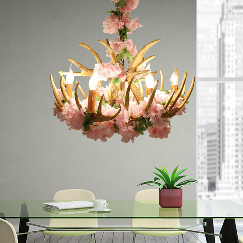 Candle Living Room Hanging Lamp Rustic Resin 4/6/12 Bulbs Pink/Green Chandelier Pendant Light Clearhalo 'Ceiling Lights' 'Chandeliers' Lighting' options 234187