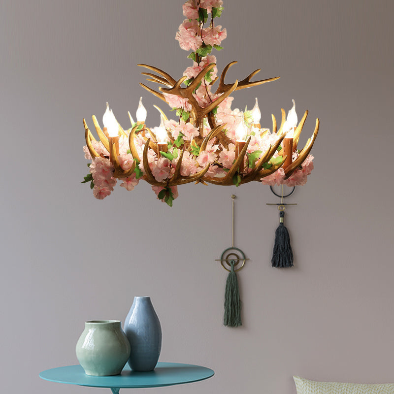 Candle Living Room Hanging Lamp Rustic Resin 4/6/12 Bulbs Pink/Green Chandelier Pendant Light Clearhalo 'Ceiling Lights' 'Chandeliers' Lighting' options 234192