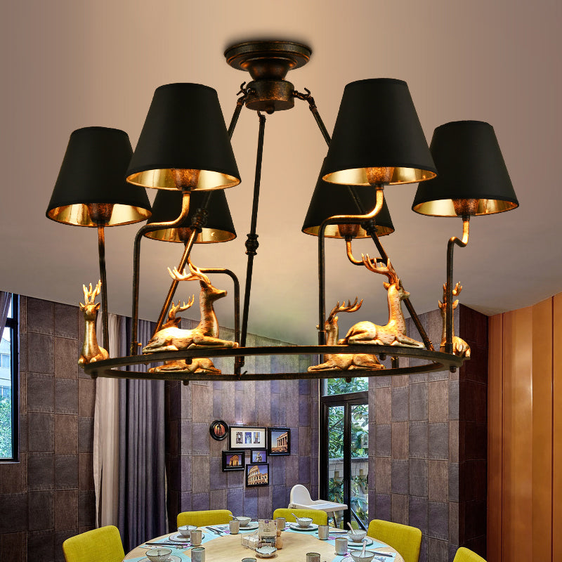 Black Cone Pendant Chandelier Farmhouse Fabric 6/8 Heads Dining Room Hanging Ceiling Light with Deer Element 6 Black Clearhalo 'Ceiling Lights' 'Chandeliers' Lighting' options 234211_6c0de7d7-e62f-48e1-9189-7291256e0709