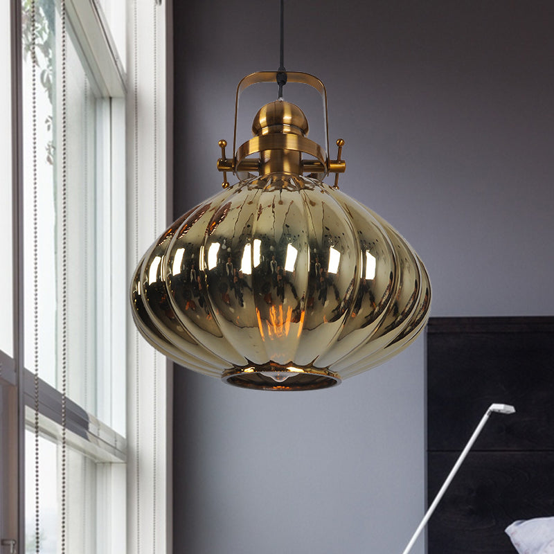 Traditional Melon Hanging Light Copper/Chrome/Gold Glass 1 Bulb Living Room Pendant Lighting Fixture Clearhalo 'Ceiling Lights' 'Glass shade' 'Glass' 'Pendant Lights' 'Pendants' Lighting' 234232