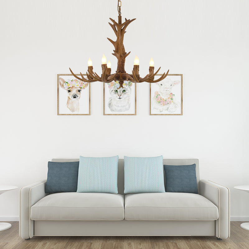 Rural Candelabra Hanging Pendant 6 Lights Resin Ceiling Chandelier in Tan for Living Room Clearhalo 'Ceiling Lights' 'Chandeliers' Lighting' options 234234