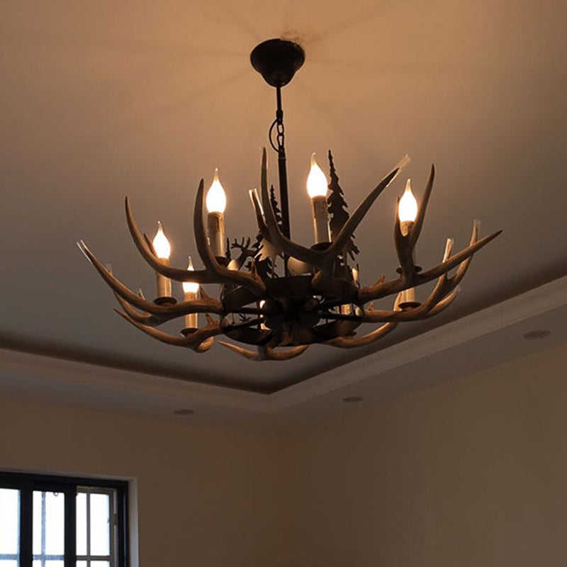 8-Bulb Resin Chandelier Lighting Rustic Light Brown Deer Antler Indoor Suspension Light with Pine Tree Accent Light Brown Clearhalo 'Ceiling Lights' 'Chandeliers' Lighting' options 234238_d9410767-717c-4b19-b7e4-105250ab808c