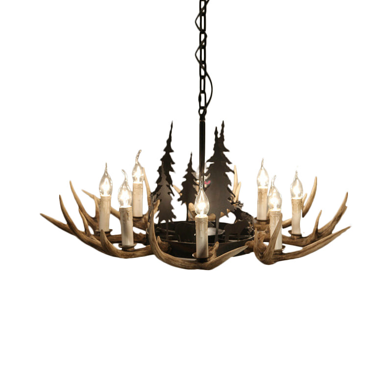 8-Bulb Resin Chandelier Lighting Rustic Light Brown Deer Antler Indoor Suspension Light with Pine Tree Accent Clearhalo 'Ceiling Lights' 'Chandeliers' Lighting' options 234240