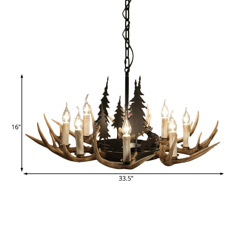 8-Bulb Resin Chandelier Lighting Rustic Light Brown Deer Antler Indoor Suspension Light with Pine Tree Accent Clearhalo 'Ceiling Lights' 'Chandeliers' Lighting' options 234241