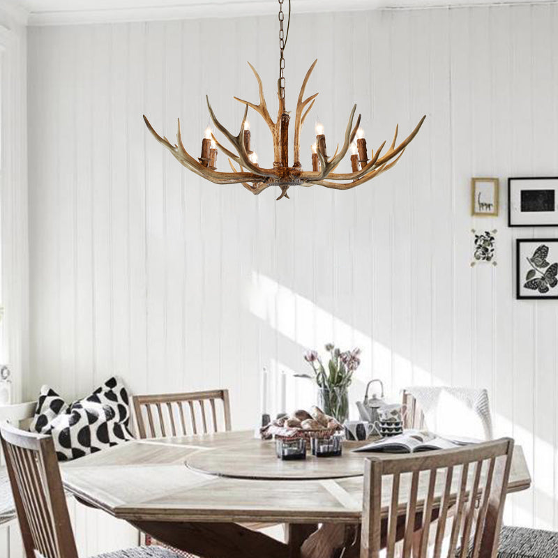 Brown 8 Lights Chandelier Lighting Rural Resin Candelabra Pendant Lamp with Antler Accent for Dining Room Clearhalo 'Ceiling Lights' 'Chandeliers' Lighting' options 234242