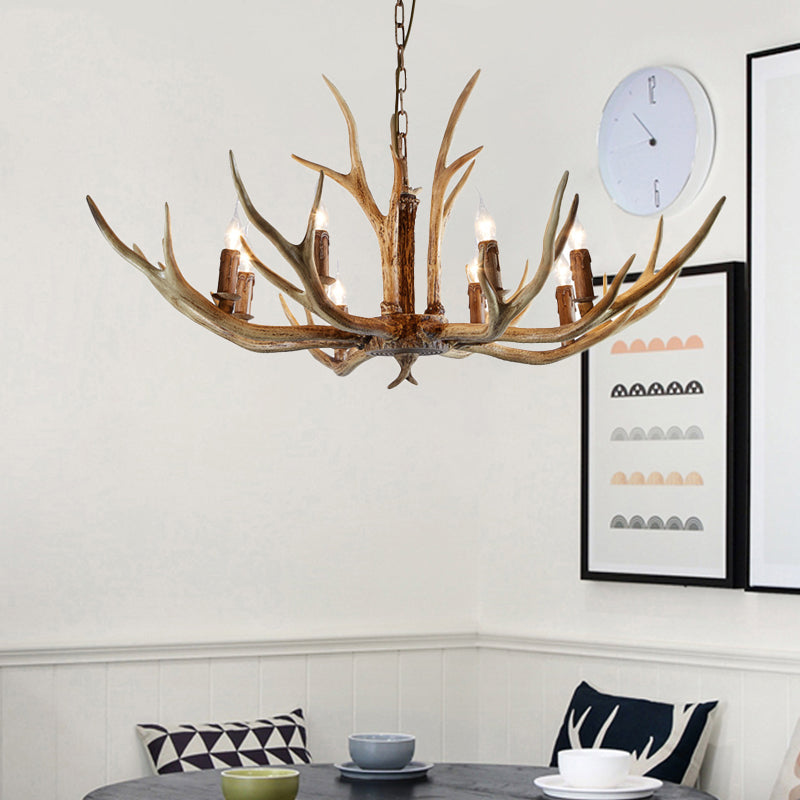 Brown 8 Lights Chandelier Lighting Rural Resin Candelabra Pendant Lamp with Antler Accent for Dining Room Clearhalo 'Ceiling Lights' 'Chandeliers' Lighting' options 234243