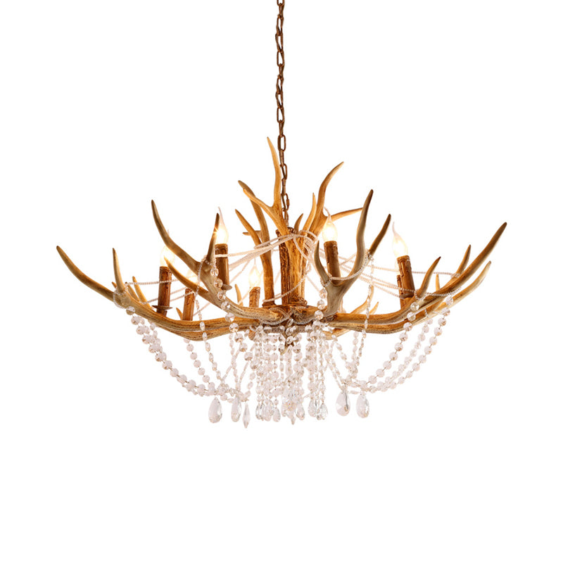 Resin Candle Chandelier Lamp Rustic 8-Head Kitchen Island Pendant Ceiling Light with Cascading Crystal in Brown Clearhalo 'Ceiling Lights' 'Chandeliers' Lighting' options 234248