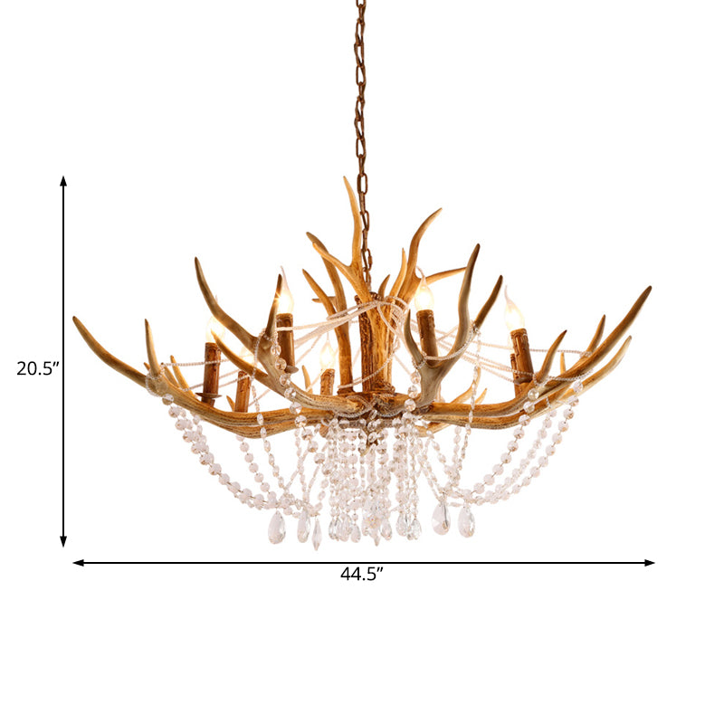 Resin Candle Chandelier Lamp Rustic 8-Head Kitchen Island Pendant Ceiling Light with Cascading Crystal in Brown Clearhalo 'Ceiling Lights' 'Chandeliers' Lighting' options 234249