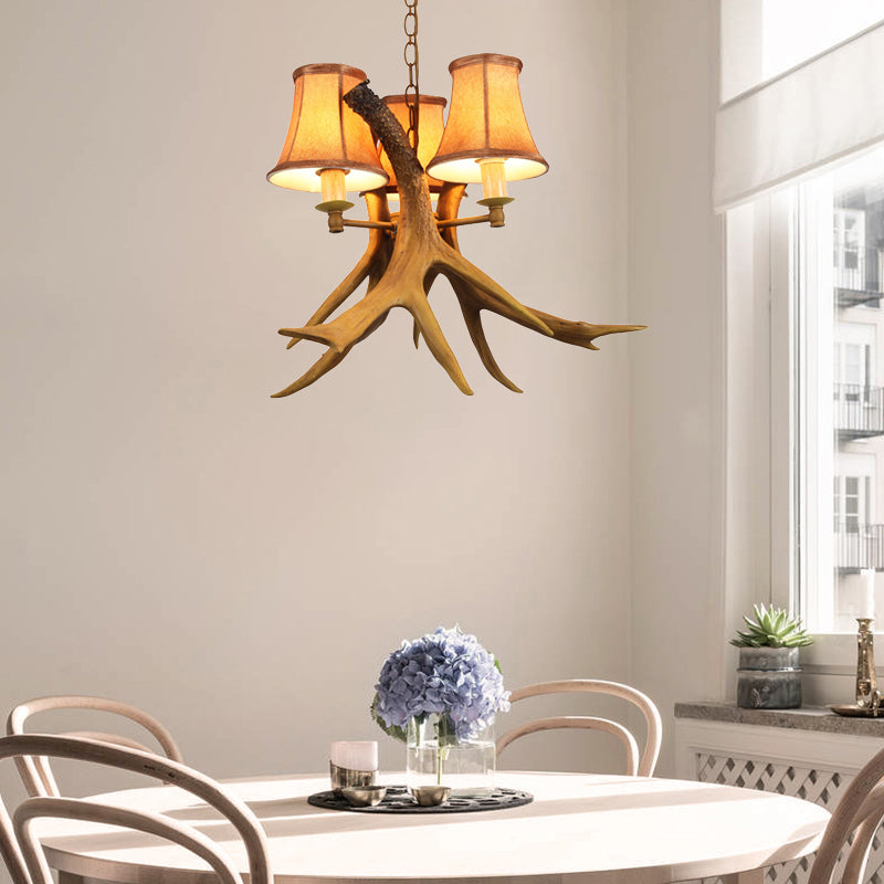 Rural Cone Hanging Lamp 3 Bulbs Fabric Chandelier Light Fixture with Deer Antler in Brown Clearhalo 'Ceiling Lights' 'Chandeliers' Lighting' options 234251