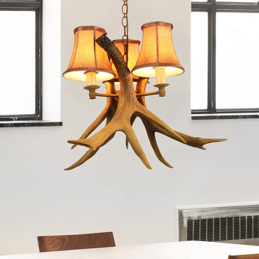 Rural Cone Hanging Lamp 3 Bulbs Fabric Chandelier Light Fixture with Deer Antler in Brown Clearhalo 'Ceiling Lights' 'Chandeliers' Lighting' options 234252