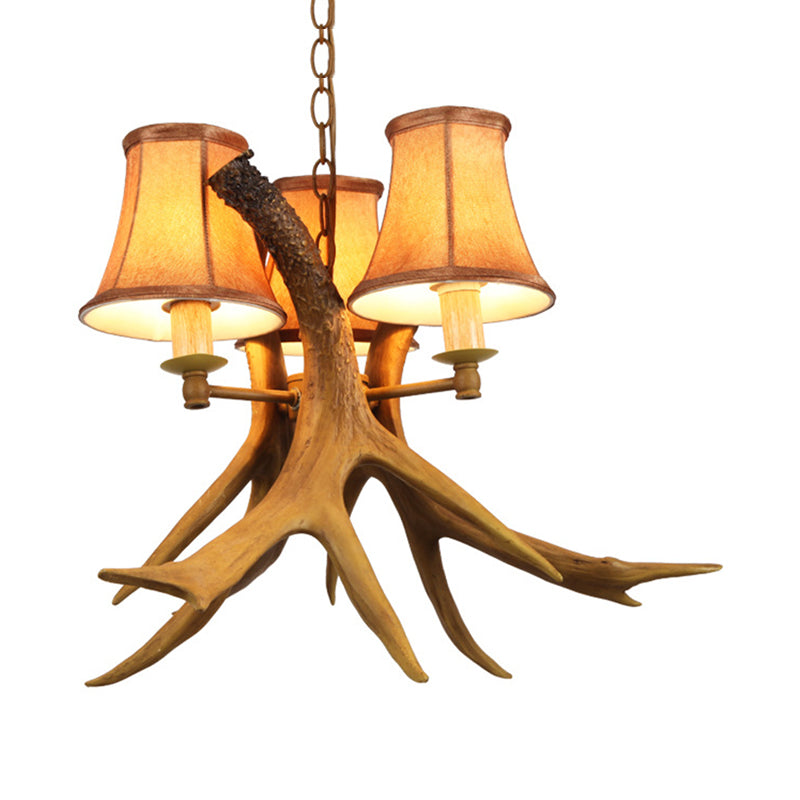 Rural Cone Hanging Lamp 3 Bulbs Fabric Chandelier Light Fixture with Deer Antler in Brown Clearhalo 'Ceiling Lights' 'Chandeliers' Lighting' options 234253