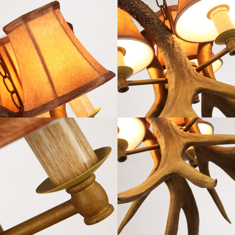 Rural Cone Hanging Lamp 3 Bulbs Fabric Chandelier Light Fixture with Deer Antler in Brown Clearhalo 'Ceiling Lights' 'Chandeliers' Lighting' options 234255