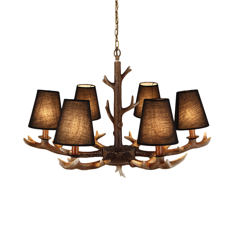 Tapered Living Room Drop Lamp Traditional Fabric 6 Bulbs Black Chandelier Pendant Light with Antler Decoration Clearhalo 'Ceiling Lights' 'Chandeliers' Lighting' options 234265