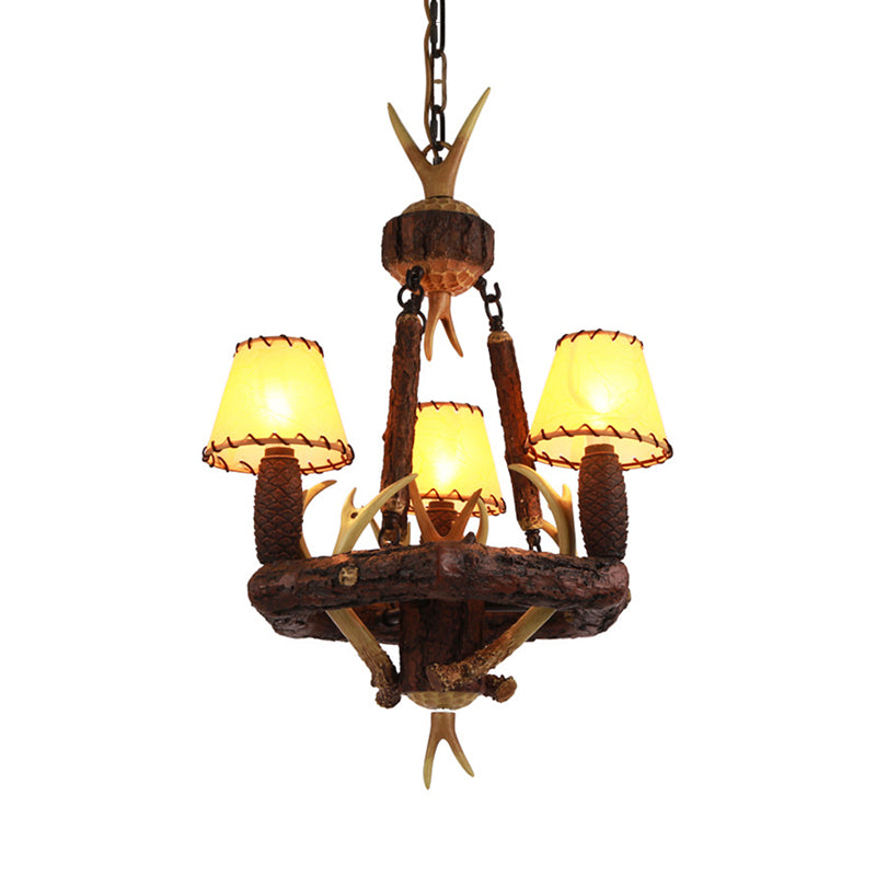 Brown Cone Pendant Chandelier Farmhouse Fabric 3-Head Living Room Hanging Ceiling Light Clearhalo 'Ceiling Lights' 'Chandeliers' Lighting' options 234269