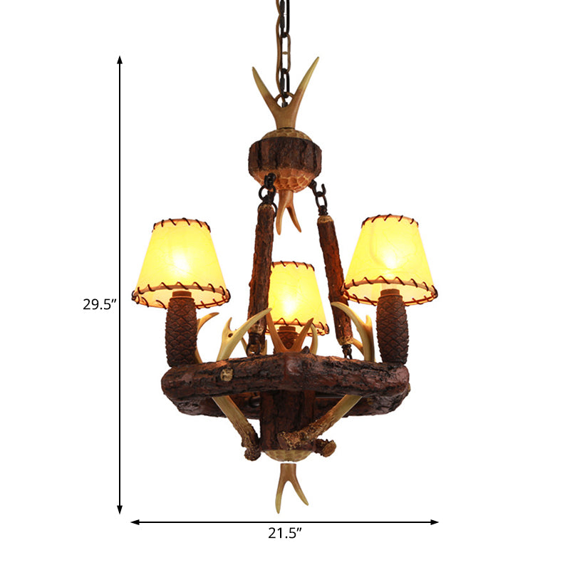 Brown Cone Pendant Chandelier Farmhouse Fabric 3-Head Living Room Hanging Ceiling Light Clearhalo 'Ceiling Lights' 'Chandeliers' Lighting' options 234270