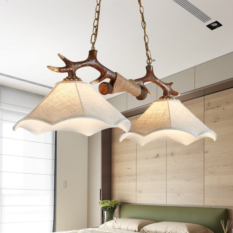Bell Fabric Ceiling Lamp Traditional 2-Bulb Bedroom Island Light Fixture with Antler Arm in Flaxen Clearhalo 'Ceiling Lights' 'Close To Ceiling Lights' 'Glass shade' 'Glass' 'Island Lights' Lighting' 234295