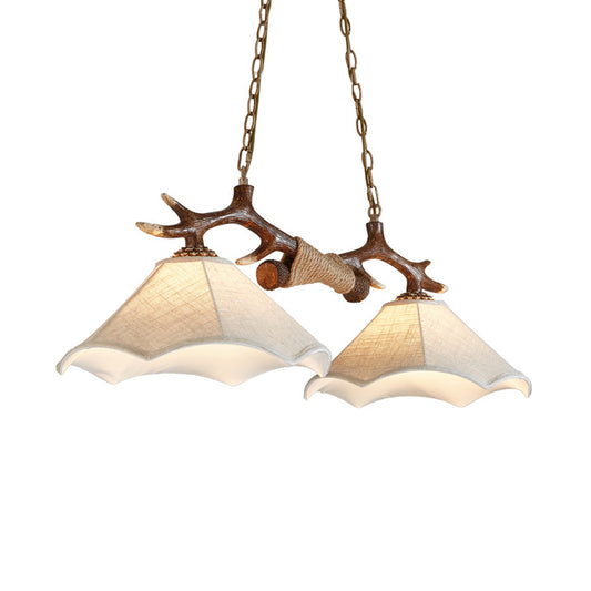 Bell Fabric Ceiling Lamp Traditional 2-Bulb Bedroom Island Light Fixture with Antler Arm in Flaxen Clearhalo 'Ceiling Lights' 'Close To Ceiling Lights' 'Glass shade' 'Glass' 'Island Lights' Lighting' 234296
