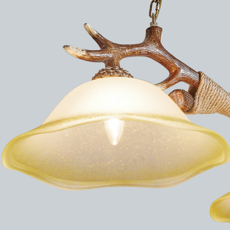 Bell Fabric Ceiling Lamp Traditional 2-Bulb Bedroom Island Light Fixture with Antler Arm in Flaxen Clearhalo 'Ceiling Lights' 'Close To Ceiling Lights' 'Glass shade' 'Glass' 'Island Lights' Lighting' 234298