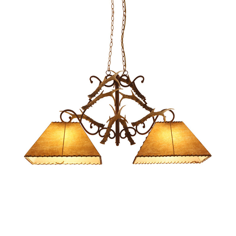 Brown 2 Heads Island Chandelier Traditional Fabric Trapezoid Suspension Lamp for Living Room Clearhalo 'Ceiling Lights' 'Island Lights' Lighting' 234303