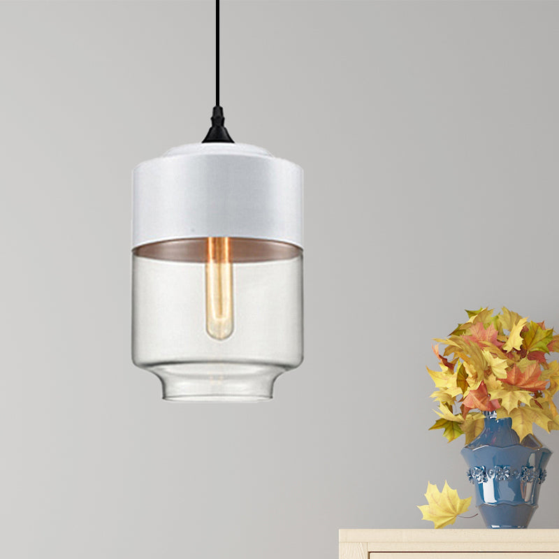 5"/7"/8" Wide Drum/Cylinder/Jar Clear/Yellow Glass Suspension Pendant Modern 1 Light White/Black Hanging Light Fixture White 7" Clearhalo 'Ceiling Lights' 'Glass shade' 'Glass' 'Modern Pendants' 'Modern' 'Pendant Lights' 'Pendants' Lighting' 234513