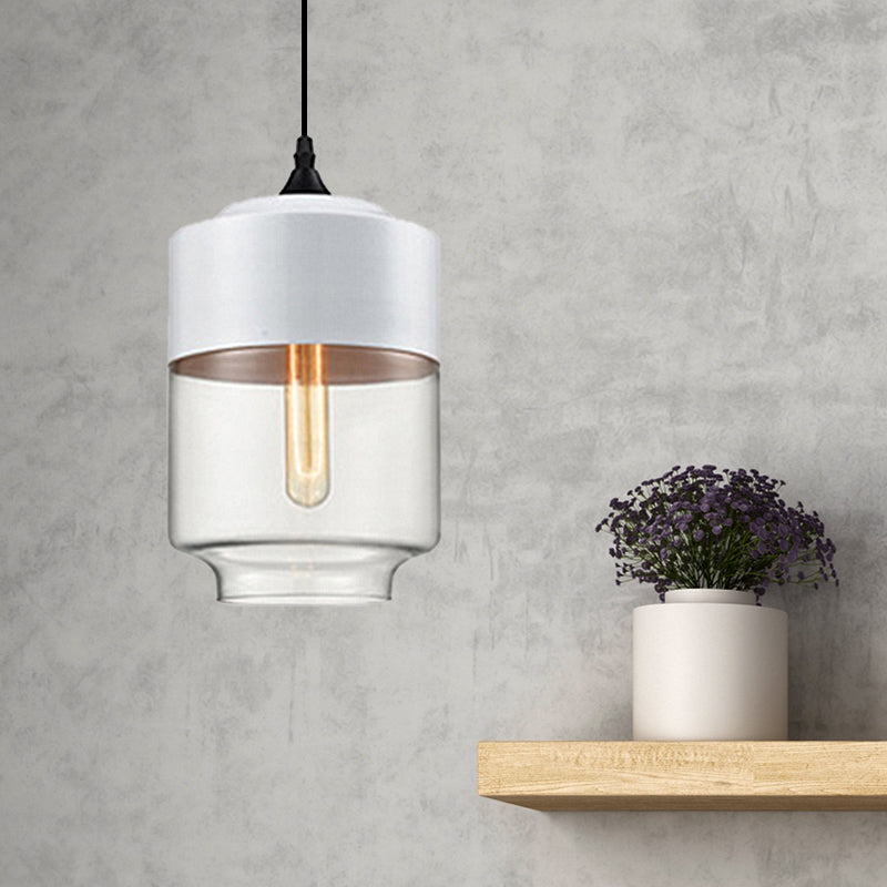 5"/7"/8" Wide Drum/Cylinder/Jar Clear/Yellow Glass Suspension Pendant Modern 1 Light White/Black Hanging Light Fixture Clearhalo 'Ceiling Lights' 'Glass shade' 'Glass' 'Modern Pendants' 'Modern' 'Pendant Lights' 'Pendants' Lighting' 234514