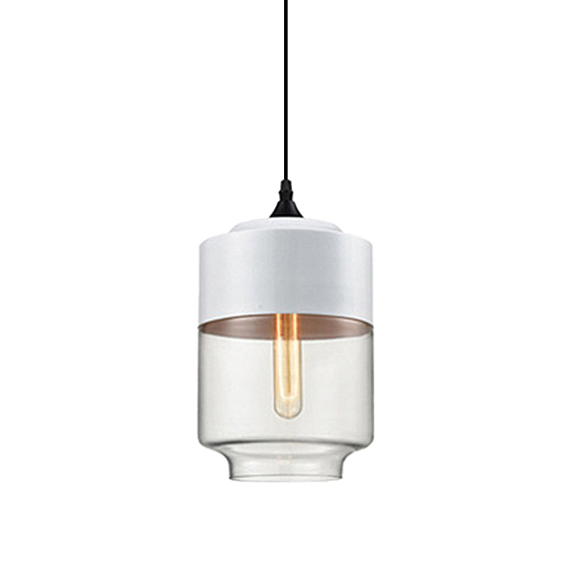 5"/7"/8" Wide Drum/Cylinder/Jar Clear/Yellow Glass Suspension Pendant Modern 1 Light White/Black Hanging Light Fixture Clearhalo 'Ceiling Lights' 'Glass shade' 'Glass' 'Modern Pendants' 'Modern' 'Pendant Lights' 'Pendants' Lighting' 234515