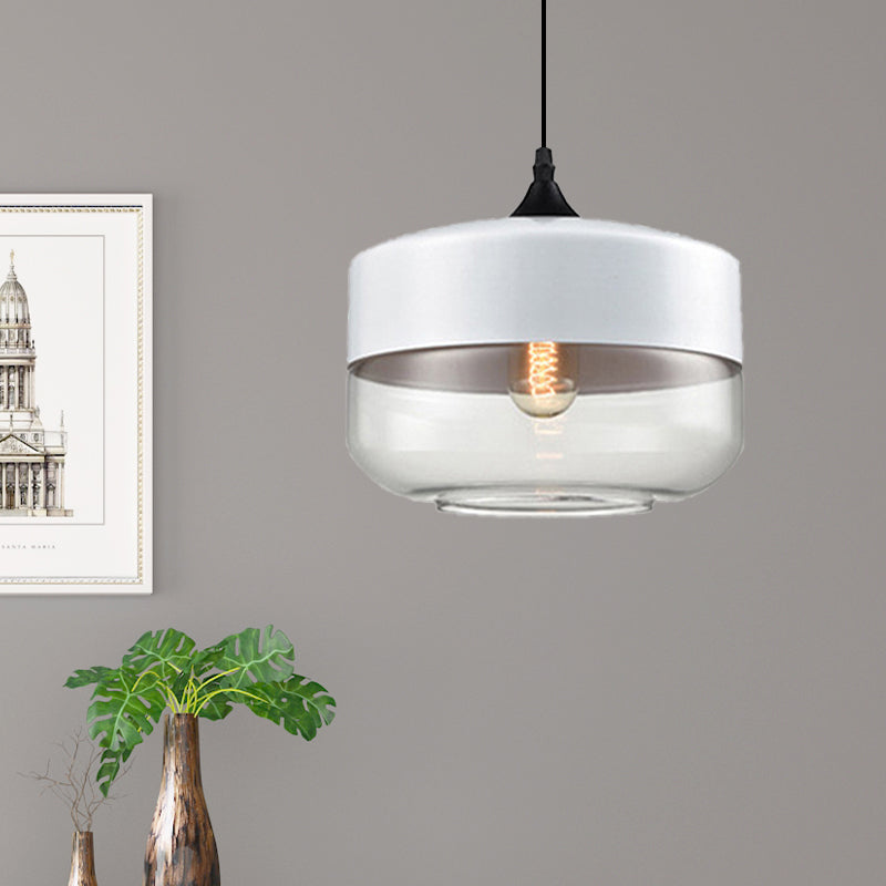 5"/7"/8" Wide Drum/Cylinder/Jar Clear/Yellow Glass Suspension Pendant Modern 1 Light White/Black Hanging Light Fixture White 10" Clearhalo 'Ceiling Lights' 'Glass shade' 'Glass' 'Modern Pendants' 'Modern' 'Pendant Lights' 'Pendants' Lighting' 234517