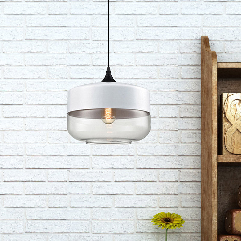 5"/7"/8" Wide Drum/Cylinder/Jar Clear/Yellow Glass Suspension Pendant Modern 1 Light White/Black Hanging Light Fixture Clearhalo 'Ceiling Lights' 'Glass shade' 'Glass' 'Modern Pendants' 'Modern' 'Pendant Lights' 'Pendants' Lighting' 234518