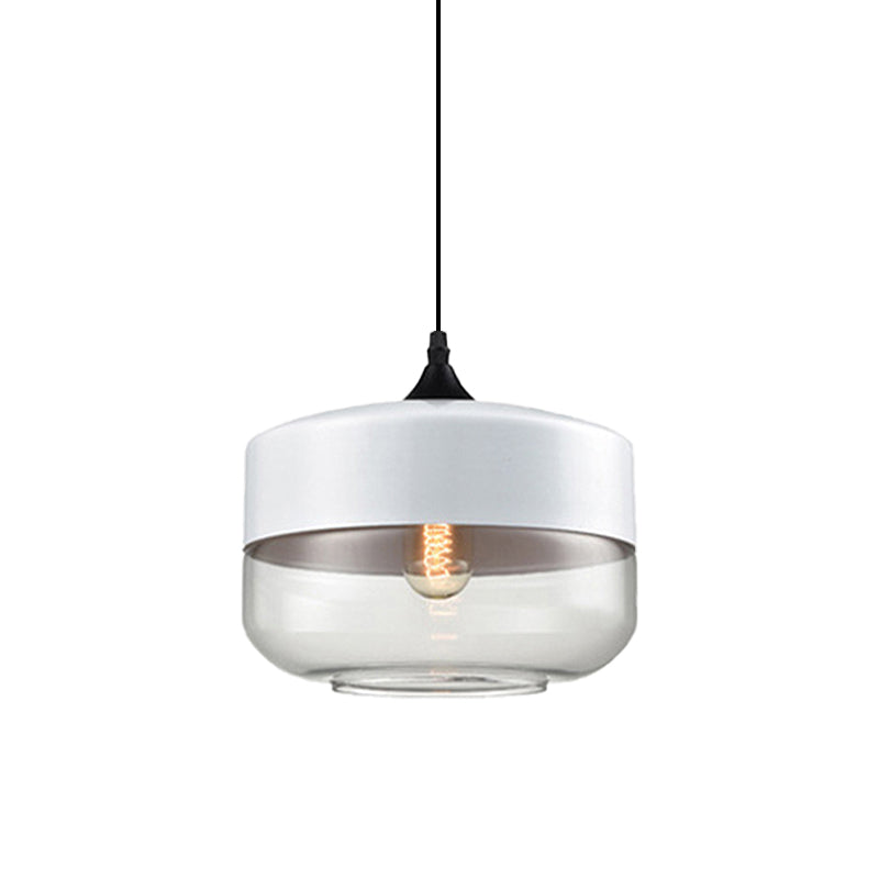 5"/7"/8" Wide Drum/Cylinder/Jar Clear/Yellow Glass Suspension Pendant Modern 1 Light White/Black Hanging Light Fixture Clearhalo 'Ceiling Lights' 'Glass shade' 'Glass' 'Modern Pendants' 'Modern' 'Pendant Lights' 'Pendants' Lighting' 234519