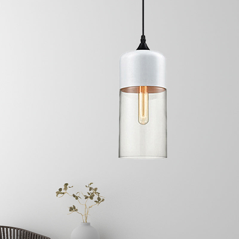 5"/7"/8" Wide Drum/Cylinder/Jar Clear/Yellow Glass Suspension Pendant Modern 1 Light White/Black Hanging Light Fixture White 5" Clearhalo 'Ceiling Lights' 'Glass shade' 'Glass' 'Modern Pendants' 'Modern' 'Pendant Lights' 'Pendants' Lighting' 234521