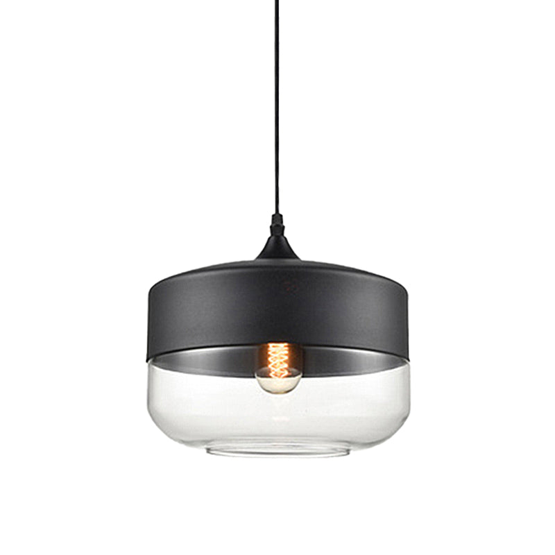 5"/7"/8" Wide Drum/Cylinder/Jar Clear/Yellow Glass Suspension Pendant Modern 1 Light White/Black Hanging Light Fixture Clearhalo 'Ceiling Lights' 'Glass shade' 'Glass' 'Modern Pendants' 'Modern' 'Pendant Lights' 'Pendants' Lighting' 234536