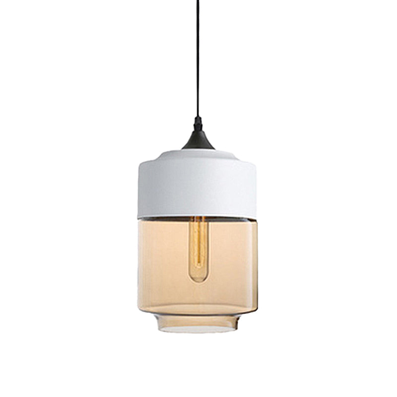 5"/7"/8" Wide Drum/Cylinder/Jar Clear/Yellow Glass Suspension Pendant Modern 1 Light White/Black Hanging Light Fixture Clearhalo 'Ceiling Lights' 'Glass shade' 'Glass' 'Modern Pendants' 'Modern' 'Pendant Lights' 'Pendants' Lighting' 234548