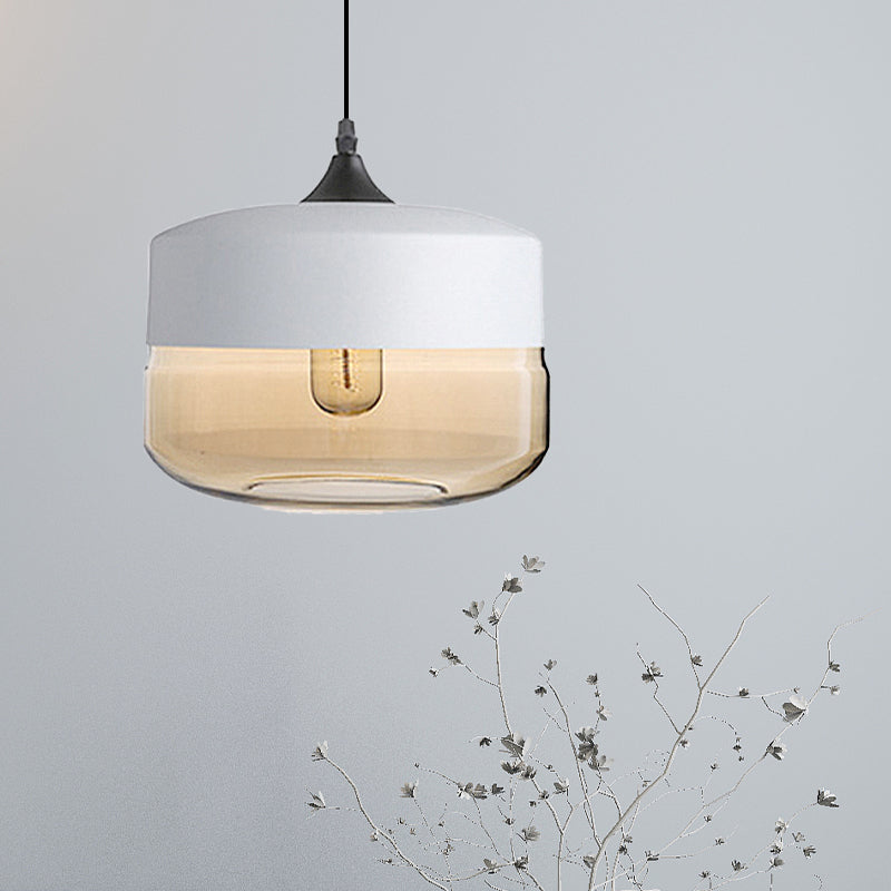 5"/7"/8" Wide Drum/Cylinder/Jar Clear/Yellow Glass Suspension Pendant Modern 1 Light White/Black Hanging Light Fixture White-Yellow 10" Clearhalo 'Ceiling Lights' 'Glass shade' 'Glass' 'Modern Pendants' 'Modern' 'Pendant Lights' 'Pendants' Lighting' 234549