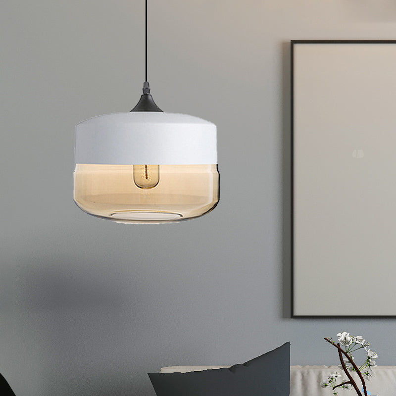 5"/7"/8" Wide Drum/Cylinder/Jar Clear/Yellow Glass Suspension Pendant Modern 1 Light White/Black Hanging Light Fixture Clearhalo 'Ceiling Lights' 'Glass shade' 'Glass' 'Modern Pendants' 'Modern' 'Pendant Lights' 'Pendants' Lighting' 234550