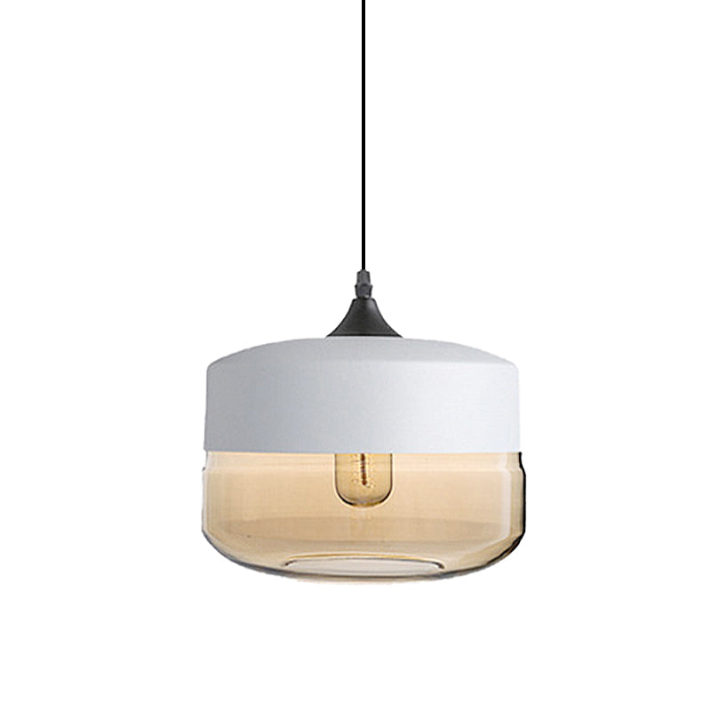 5"/7"/8" Wide Drum/Cylinder/Jar Clear/Yellow Glass Suspension Pendant Modern 1 Light White/Black Hanging Light Fixture Clearhalo 'Ceiling Lights' 'Glass shade' 'Glass' 'Modern Pendants' 'Modern' 'Pendant Lights' 'Pendants' Lighting' 234551