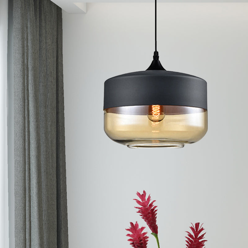 5"/7"/8" Wide Drum/Cylinder/Jar Clear/Yellow Glass Suspension Pendant Modern 1 Light White/Black Hanging Light Fixture Black-Yellow 10" Clearhalo 'Ceiling Lights' 'Glass shade' 'Glass' 'Modern Pendants' 'Modern' 'Pendant Lights' 'Pendants' Lighting' 234561