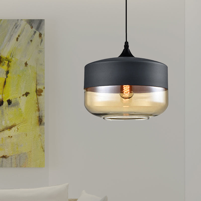 5"/7"/8" Wide Drum/Cylinder/Jar Clear/Yellow Glass Suspension Pendant Modern 1 Light White/Black Hanging Light Fixture Clearhalo 'Ceiling Lights' 'Glass shade' 'Glass' 'Modern Pendants' 'Modern' 'Pendant Lights' 'Pendants' Lighting' 234562