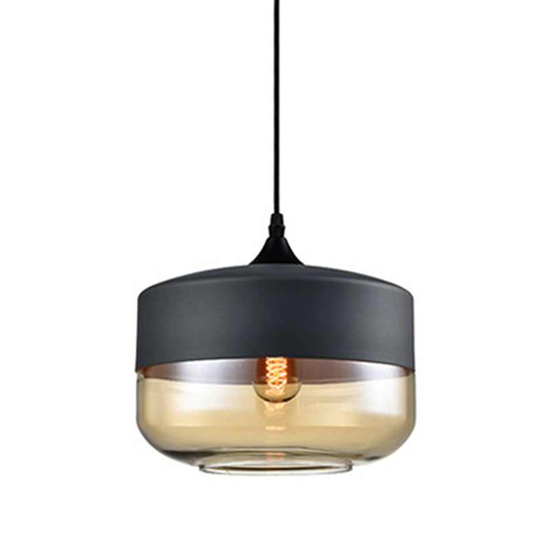 5"/7"/8" Wide Drum/Cylinder/Jar Clear/Yellow Glass Suspension Pendant Modern 1 Light White/Black Hanging Light Fixture Clearhalo 'Ceiling Lights' 'Glass shade' 'Glass' 'Modern Pendants' 'Modern' 'Pendant Lights' 'Pendants' Lighting' 234563