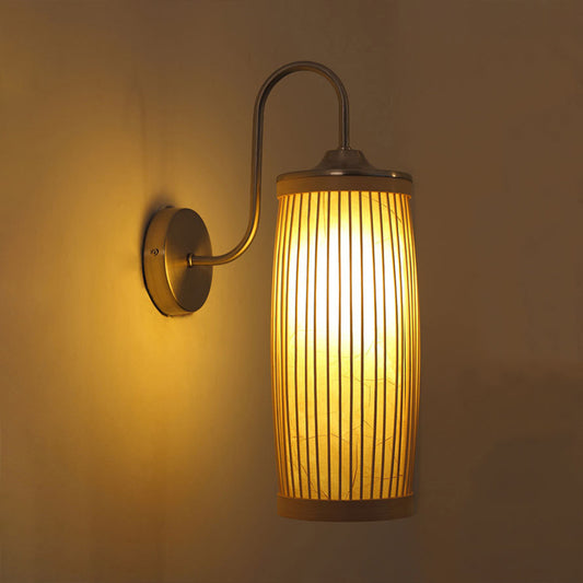 Cylinder Shade Wall Lighting Asian Style Bamboo and Metal 1 Bulb Beige Wall Lamp with Gooseneck Arm Beige Clearhalo 'Modern wall lights' 'Modern' 'Wall Lamps & Sconces' 'Wall Lights' Lighting' 234569