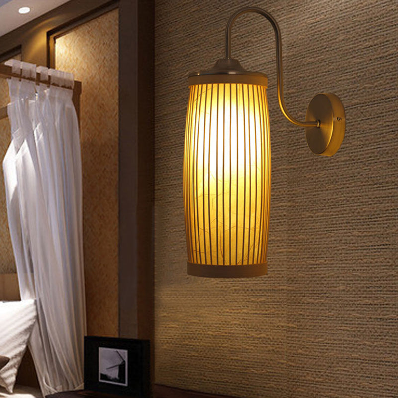 Cylinder Shade Wall Lighting Asian Style Bamboo and Metal 1 Bulb Beige Wall Lamp with Gooseneck Arm Clearhalo 'Modern wall lights' 'Modern' 'Wall Lamps & Sconces' 'Wall Lights' Lighting' 234570