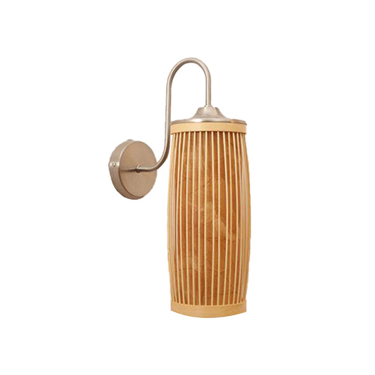 Cylinder Shade Wall Lighting Asian Style Bamboo and Metal 1 Bulb Beige Wall Lamp with Gooseneck Arm Clearhalo 'Modern wall lights' 'Modern' 'Wall Lamps & Sconces' 'Wall Lights' Lighting' 234571