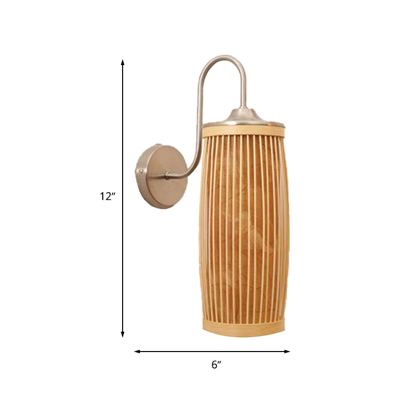 Cylinder Shade Wall Lighting Asian Style Bamboo and Metal 1 Bulb Beige Wall Lamp with Gooseneck Arm Clearhalo 'Modern wall lights' 'Modern' 'Wall Lamps & Sconces' 'Wall Lights' Lighting' 234572