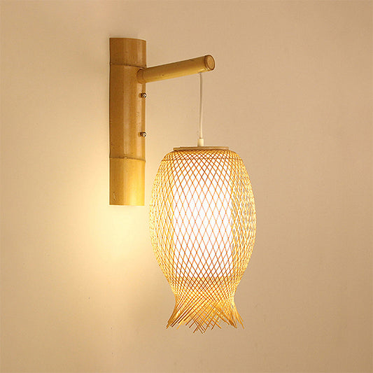Hand Woven Bamboo Wall Sconce Lighting Asian Style 1 Bulb Beige Wall Lamp with Oblong Shade Beige Clearhalo 'Modern wall lights' 'Modern' 'Wall Lamps & Sconces' 'Wall Lights' Lighting' 234586