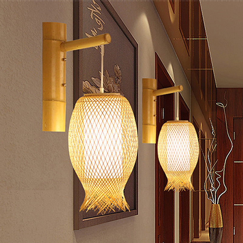 Hand Woven Bamboo Wall Sconce Lighting Asian Style 1 Bulb Beige Wall Lamp with Oblong Shade Clearhalo 'Modern wall lights' 'Modern' 'Wall Lamps & Sconces' 'Wall Lights' Lighting' 234587