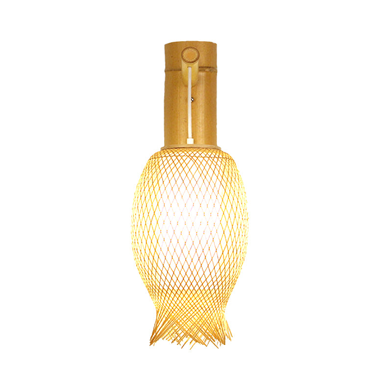 Hand Woven Bamboo Wall Sconce Lighting Asian Style 1 Bulb Beige Wall Lamp with Oblong Shade Clearhalo 'Modern wall lights' 'Modern' 'Wall Lamps & Sconces' 'Wall Lights' Lighting' 234588