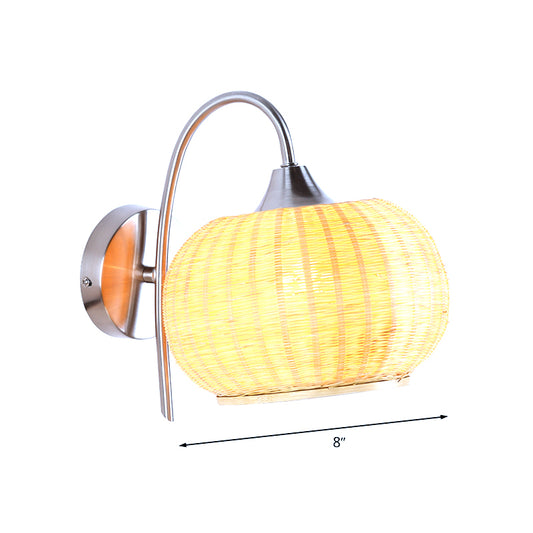 Rattan Rounded Drum Sconce Wall Light Modern Style 1 Light Chrome Finish Wall Lamp with Metal Curved Arm Clearhalo 'Wall Lamps & Sconces' 'Wall Lights' Lighting' 234593