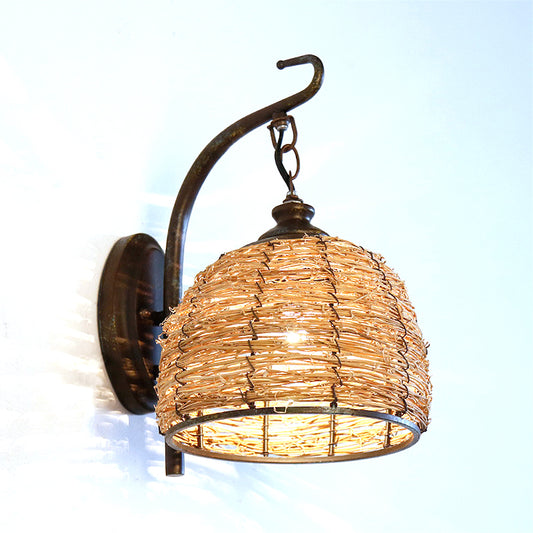 Asian Style Handmade Wall Sconce with Dome Shade Rattan 1 Light Bedroom Wall Mount Lamp in Brown Brown Clearhalo 'Modern wall lights' 'Modern' 'Wall Lamps & Sconces' 'Wall Lights' Lighting' 234610