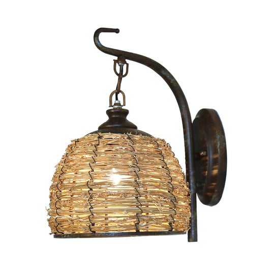 Asian Style Handmade Wall Sconce with Dome Shade Rattan 1 Light Bedroom Wall Mount Lamp in Brown Clearhalo 'Modern wall lights' 'Modern' 'Wall Lamps & Sconces' 'Wall Lights' Lighting' 234612