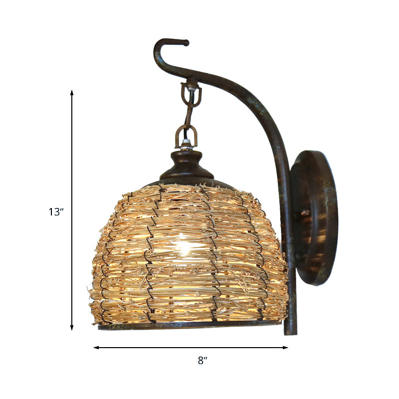 Asian Style Handmade Wall Sconce with Dome Shade Rattan 1 Light Bedroom Wall Mount Lamp in Brown Clearhalo 'Modern wall lights' 'Modern' 'Wall Lamps & Sconces' 'Wall Lights' Lighting' 234613